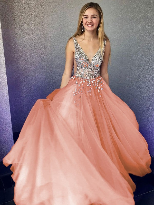 A-Line/Princess Tulle Beading V-neck Sleeveless Floor-Length Prom Dress