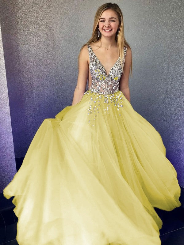 A-Line/Princess Tulle Beading V-neck Sleeveless Floor-Length Prom Dress