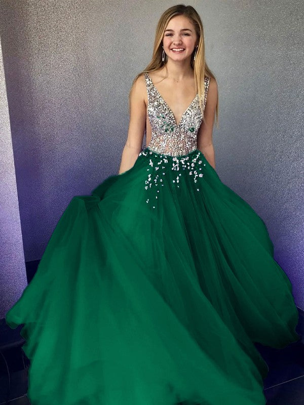 A-Line/Princess Tulle Beading V-neck Sleeveless Floor-Length Prom Dress