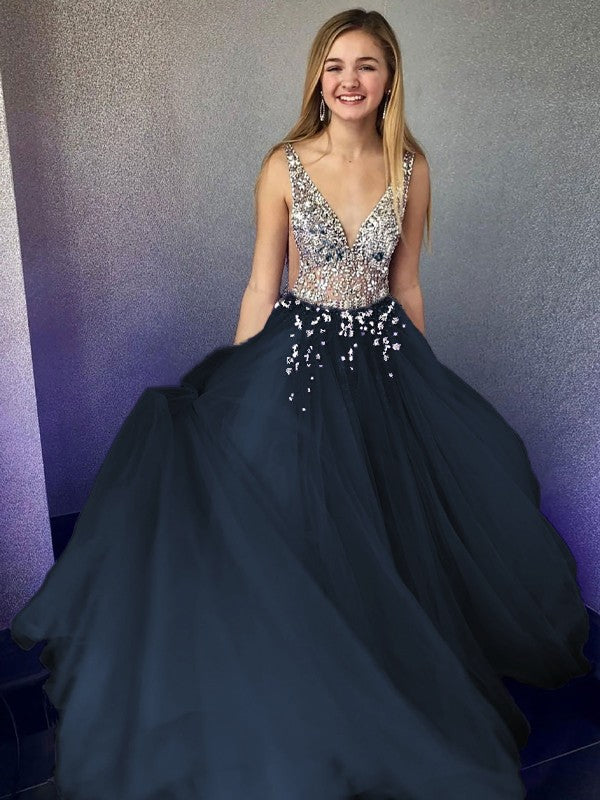 A-Line/Princess Tulle Beading V-neck Sleeveless Floor-Length Prom Dress