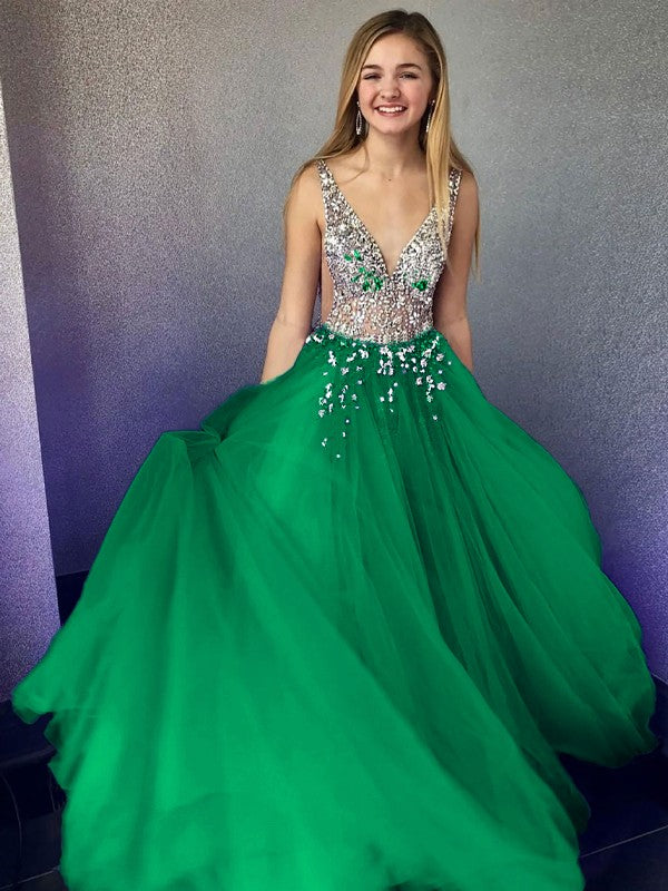 A-Line/Princess Tulle Beading V-neck Sleeveless Floor-Length Prom Dress