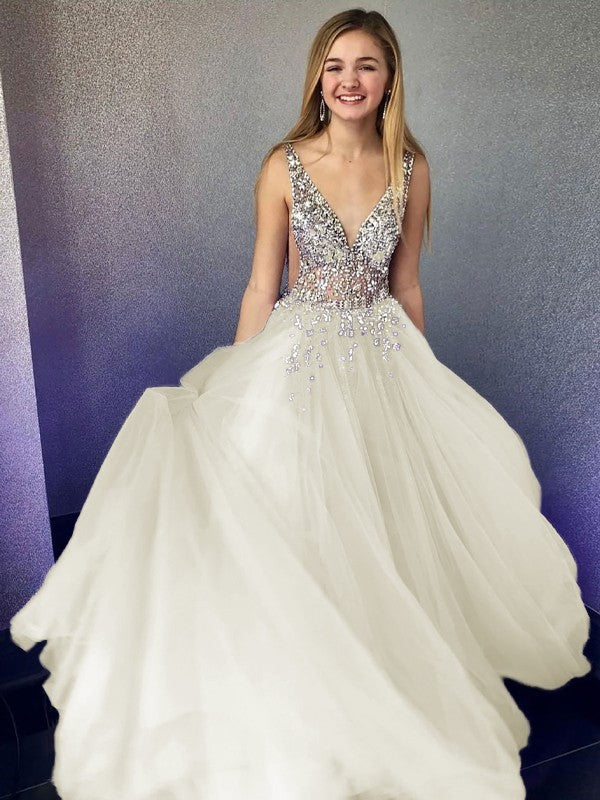 A-Line/Princess Tulle Beading V-neck Sleeveless Floor-Length Prom Dress