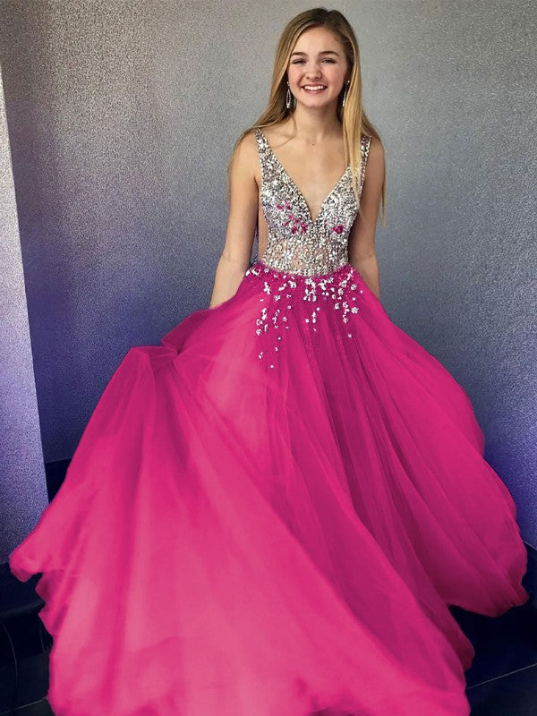 A-Line/Princess Tulle Beading V-neck Sleeveless Floor-Length Prom Dress