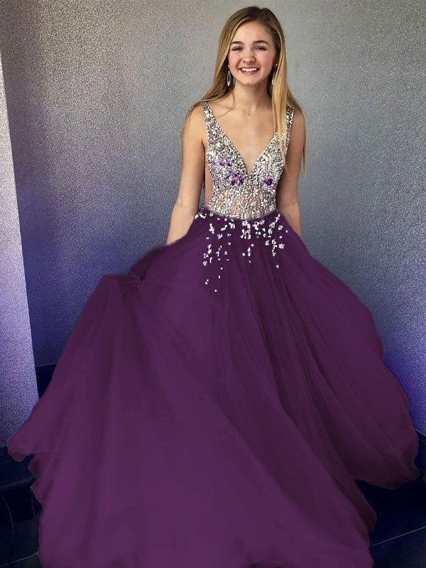 A-Line/Princess Tulle Beading V-neck Sleeveless Floor-Length Prom Dress