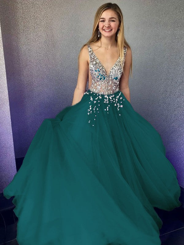 A-Line/Princess Tulle Beading V-neck Sleeveless Floor-Length Prom Dress