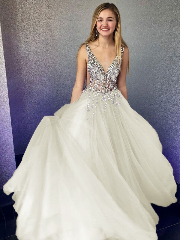 A-Line/Princess Tulle Beading V-neck Sleeveless Floor-Length Prom Dress