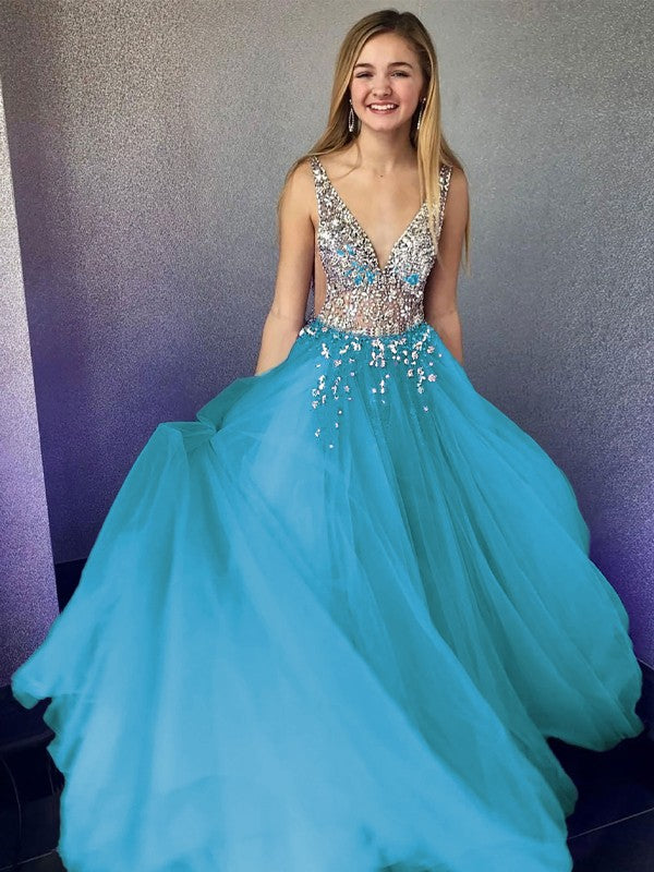 A-Line/Princess Tulle Beading V-neck Sleeveless Floor-Length Prom Dress