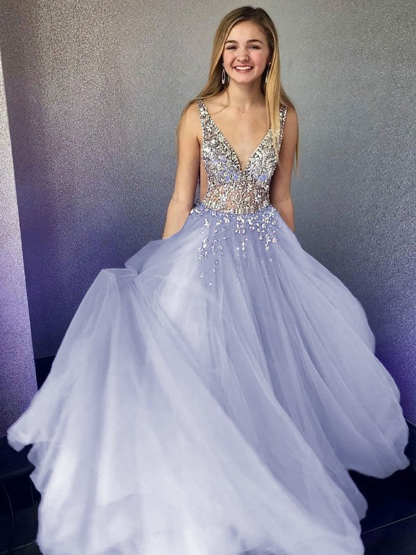 A-Line/Princess Tulle Beading V-neck Sleeveless Floor-Length Prom Dress