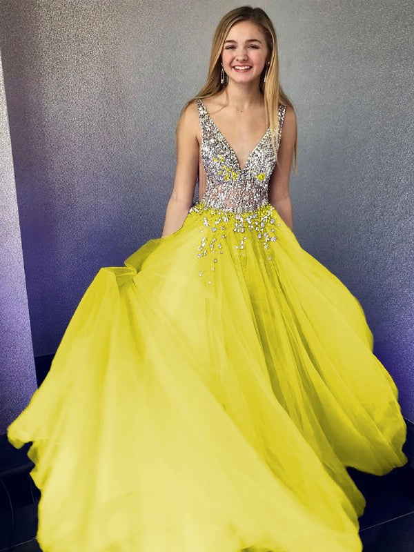 A-Line/Princess Tulle Beading V-neck Sleeveless Floor-Length Prom Dress
