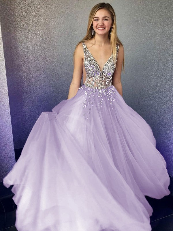 A-Line/Princess Tulle Beading V-neck Sleeveless Floor-Length Prom Dress