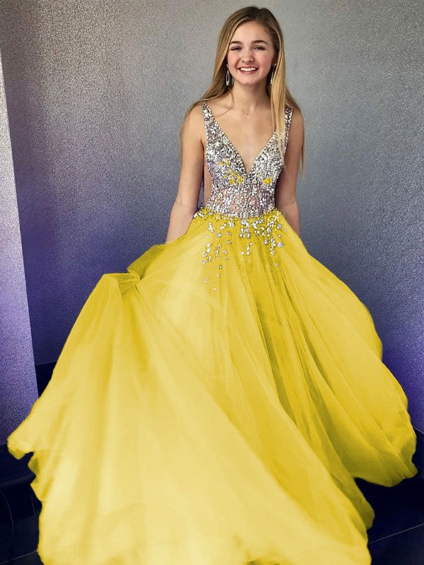 A-Line/Princess Tulle Beading V-neck Sleeveless Floor-Length Prom Dress