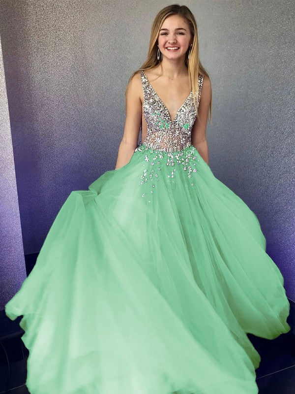 A-Line/Princess Tulle Beading V-neck Sleeveless Floor-Length Prom Dress