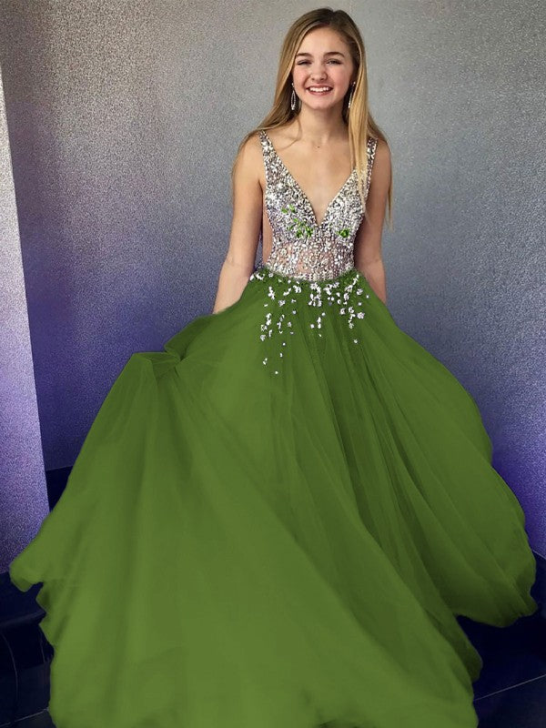A-Line/Princess Tulle Beading V-neck Sleeveless Floor-Length Prom Dress