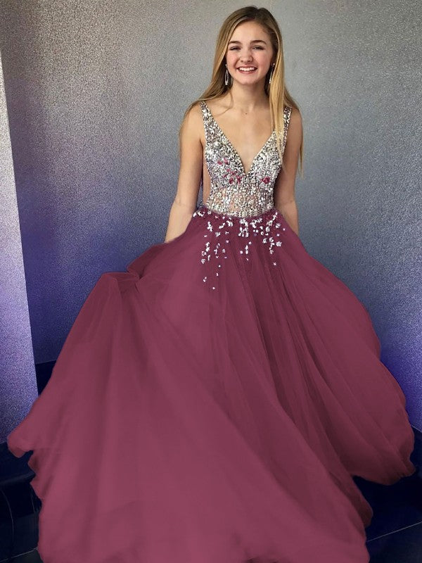 A-Line/Princess Tulle Beading V-neck Sleeveless Floor-Length Prom Dress
