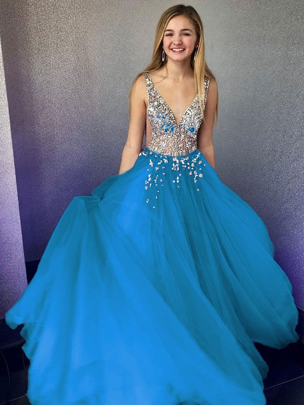 A-Line/Princess Tulle Beading V-neck Sleeveless Floor-Length Prom Dress