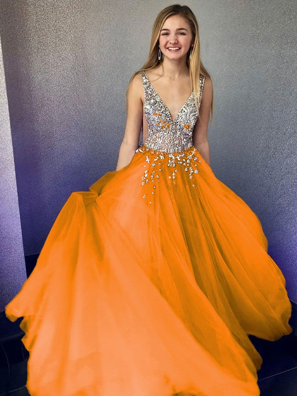 A-Line/Princess Tulle Beading V-neck Sleeveless Floor-Length Prom Dress