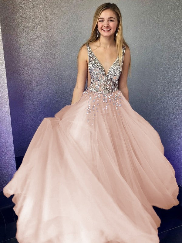 A-Line/Princess Tulle Beading V-neck Sleeveless Floor-Length Prom Dress