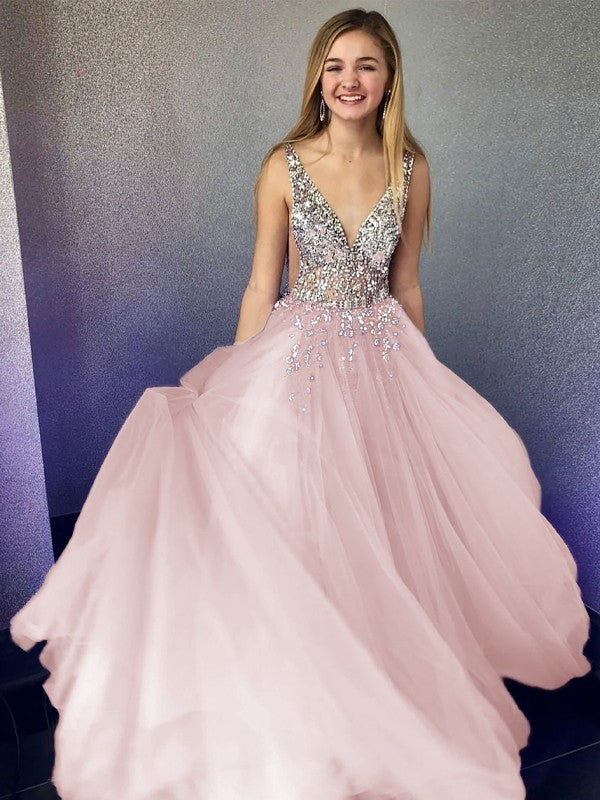 A-Line/Princess Tulle Beading V-neck Sleeveless Floor-Length Prom Dress