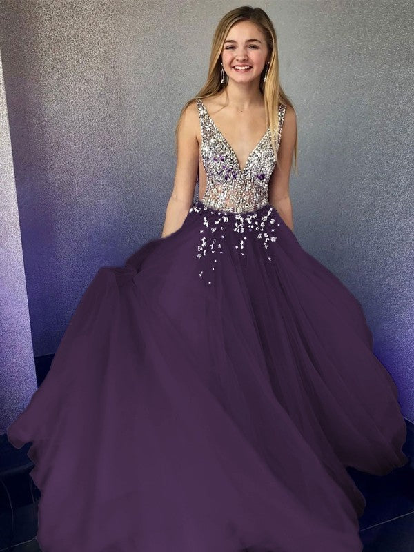 A-Line/Princess Tulle Beading V-neck Sleeveless Floor-Length Prom Dress