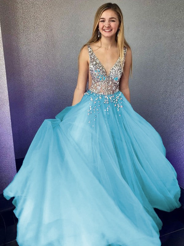 A-Line/Princess Tulle Beading V-neck Sleeveless Floor-Length Prom Dress