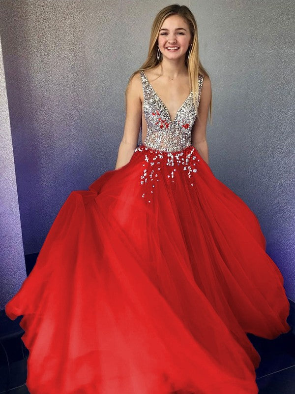 A-Line/Princess Tulle Beading V-neck Sleeveless Floor-Length Prom Dress