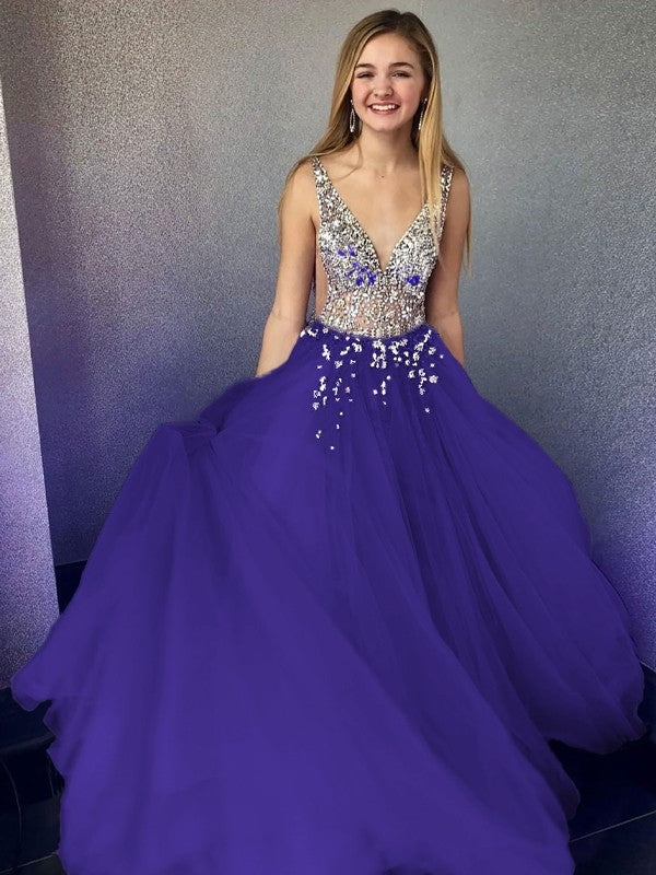 A-Line/Princess Tulle Beading V-neck Sleeveless Floor-Length Prom Dress