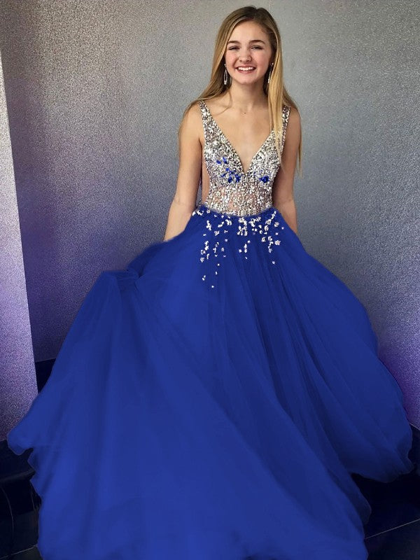 A-Line/Princess Tulle Beading V-neck Sleeveless Floor-Length Prom Dress
