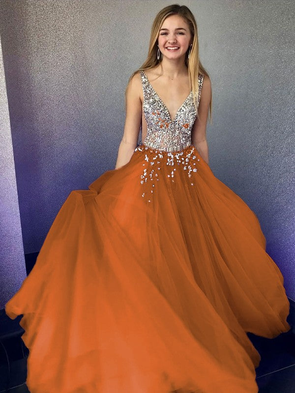 A-Line/Princess Tulle Beading V-neck Sleeveless Floor-Length Prom Dress