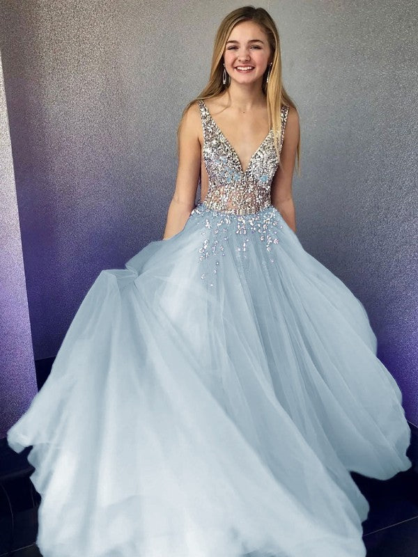 A-Line/Princess Tulle Beading V-neck Sleeveless Floor-Length Prom Dress