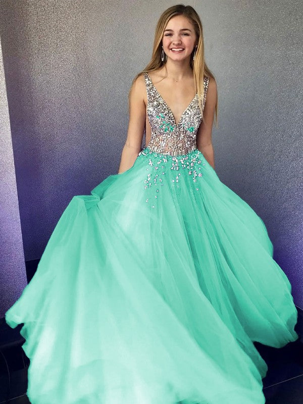 A-Line/Princess Tulle Beading V-neck Sleeveless Floor-Length Prom Dress