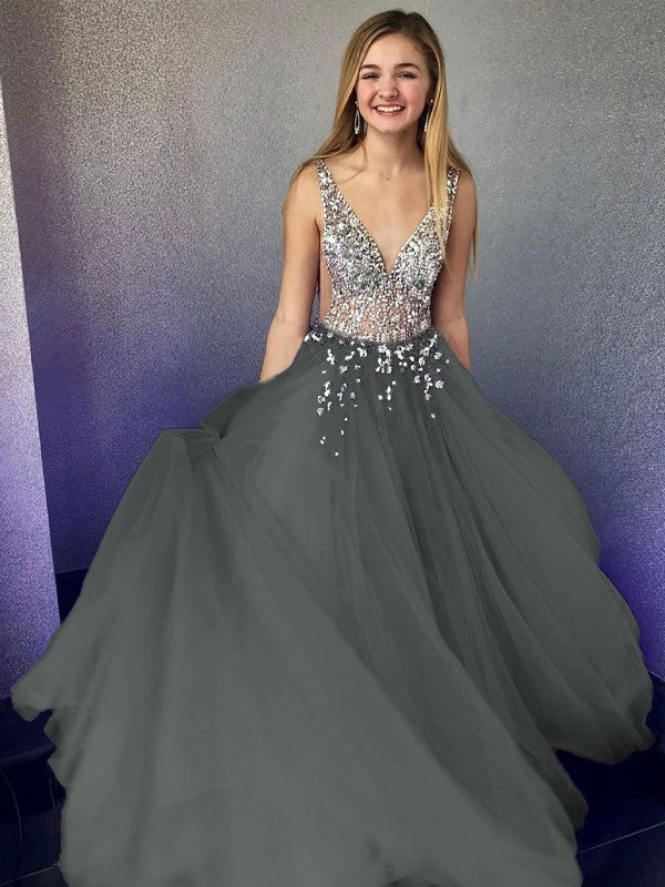 A-Line/Princess Tulle Beading V-neck Sleeveless Floor-Length Prom Dress