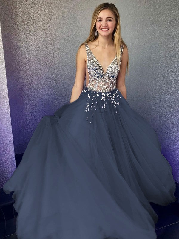 A-Line/Princess Tulle Beading V-neck Sleeveless Floor-Length Prom Dress
