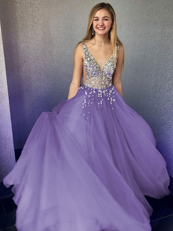 A-Line/Princess Tulle Beading V-neck Sleeveless Floor-Length Prom Dress
