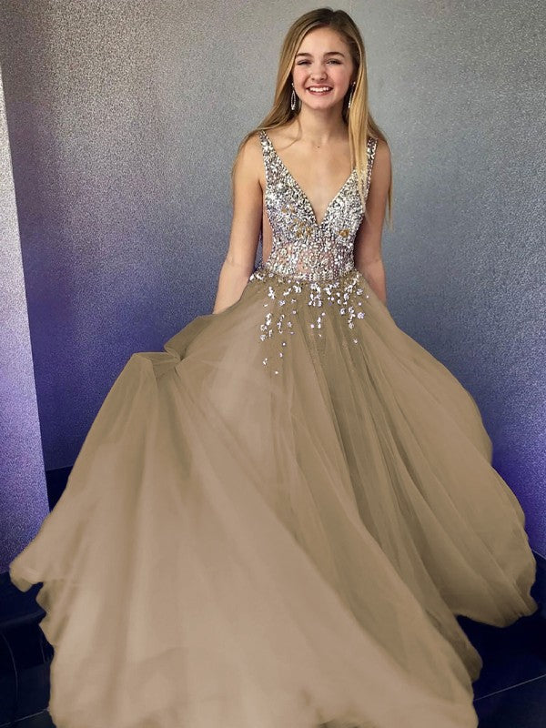 A-Line/Princess Tulle Beading V-neck Sleeveless Floor-Length Prom Dress