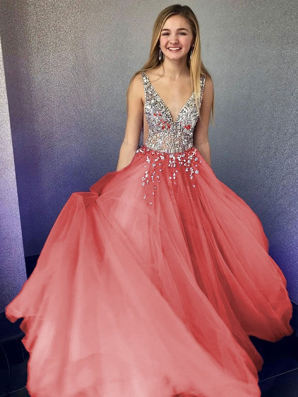 A-Line/Princess Tulle Beading V-neck Sleeveless Floor-Length Prom Dress