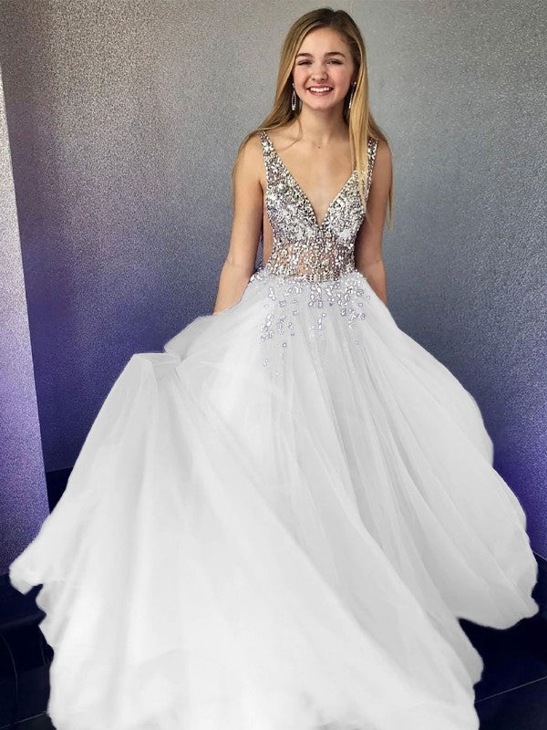 A-Line/Princess Tulle Beading V-neck Sleeveless Floor-Length Prom Dress