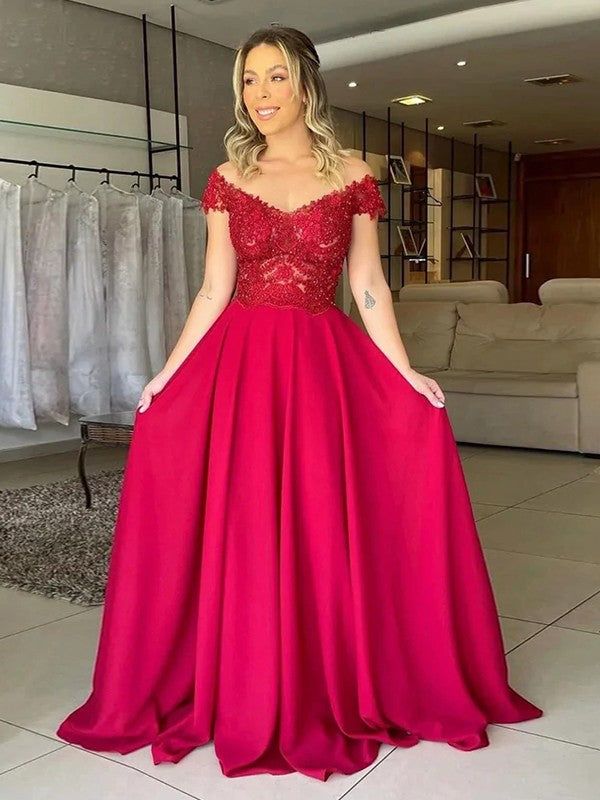 A-Line/Princess Elastic Woven Satin Applique Off-the-Shoulder Sleeveless Sweep/Brush Train Prom Dress