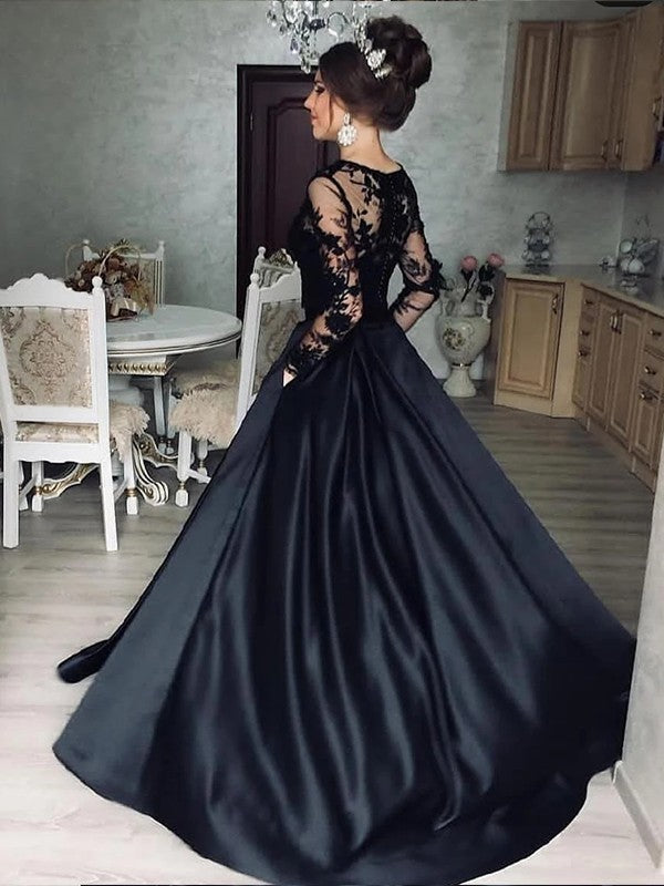 A-Line/Princess Satin Lace Bateau Long Sleeves Sweep/Brush Train Prom Dress