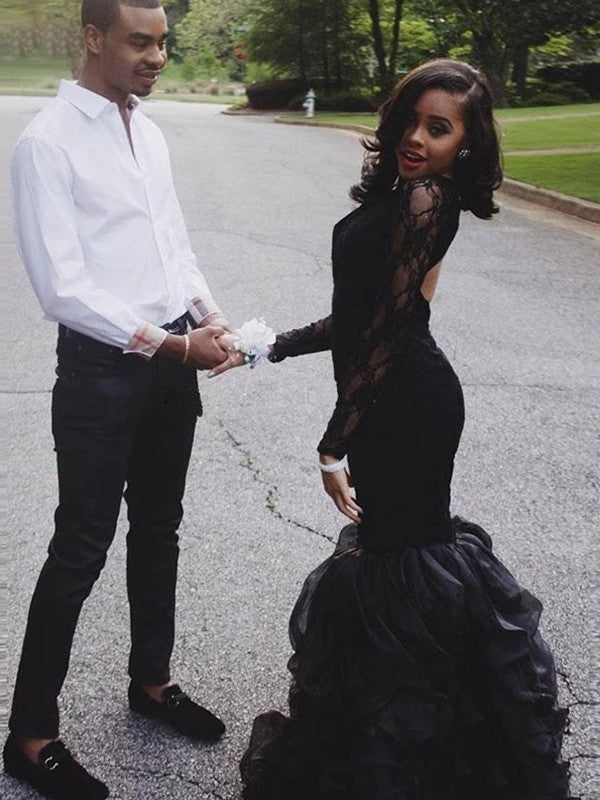 Trumpet/Mermaid Lace Layers Jewel Long Sleeves Floor-Length Prom Dress
