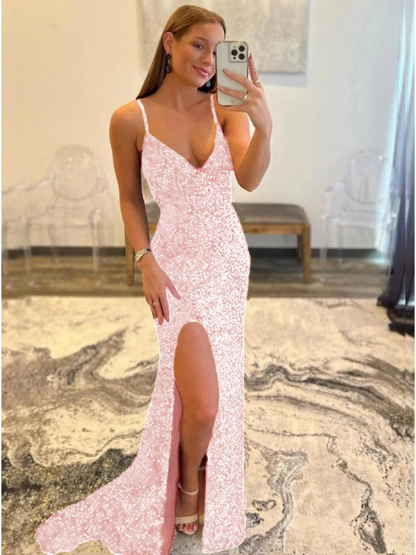 Sheath/Column Velvet Sequins V-neck Sleeveless Sweep/Brush Train Prom Dress