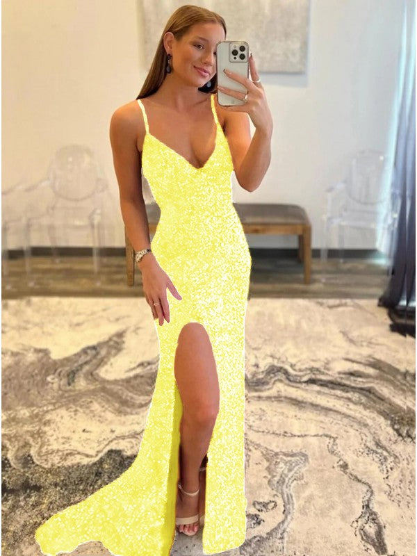Sheath/Column Velvet Sequins V-neck Sleeveless Sweep/Brush Train Prom Dress