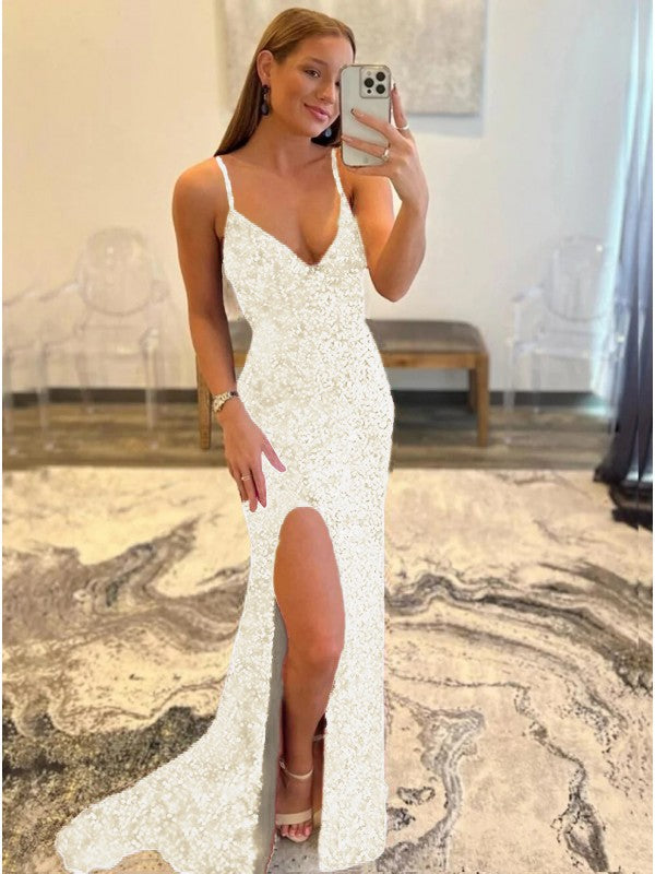 Sheath/Column Velvet Sequins V-neck Sleeveless Sweep/Brush Train Prom Dress
