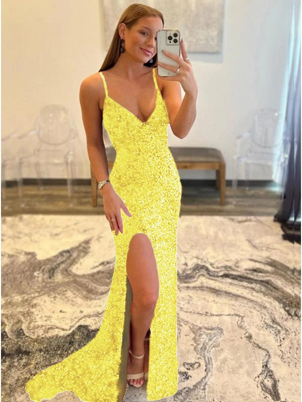 Sheath/Column Velvet Sequins V-neck Sleeveless Sweep/Brush Train Prom Dress