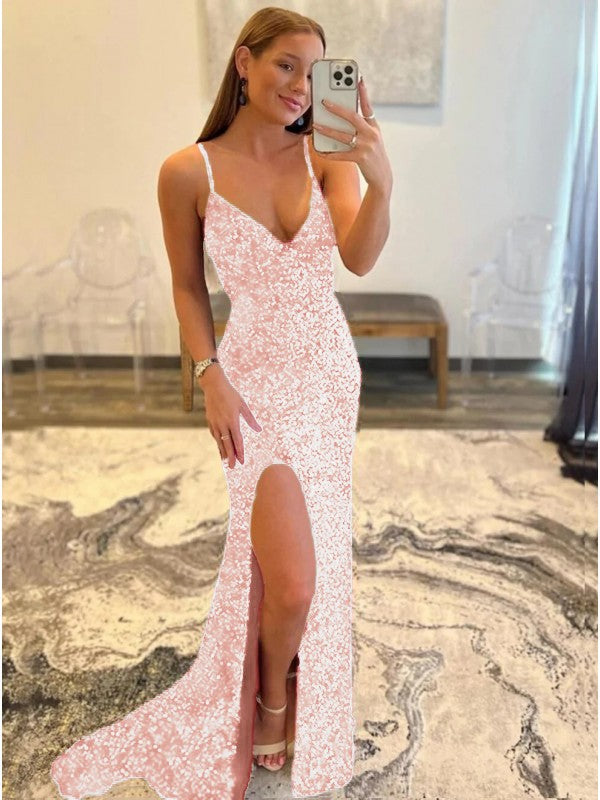Sheath/Column Velvet Sequins V-neck Sleeveless Sweep/Brush Train Prom Dress
