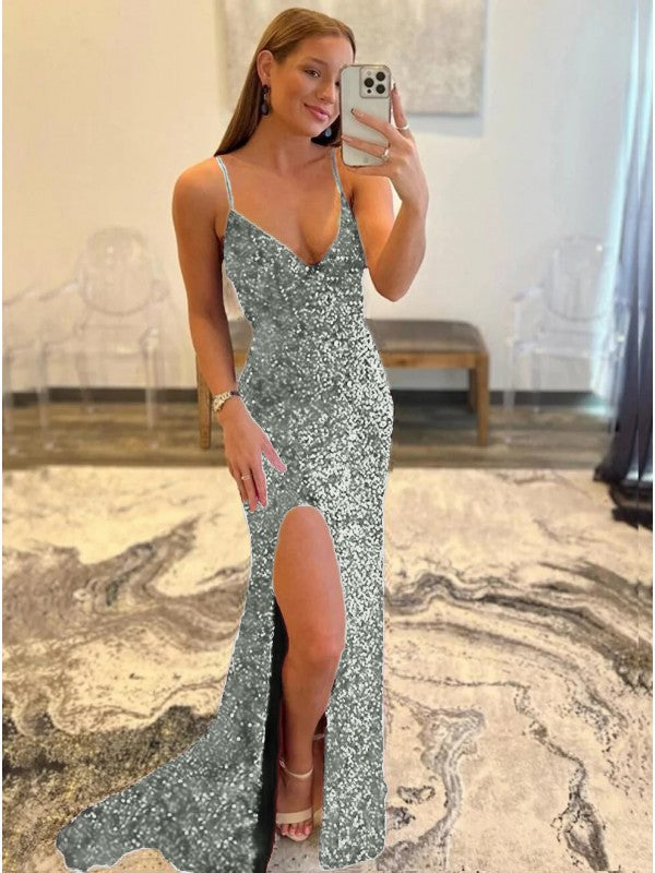 Sheath/Column Velvet Sequins V-neck Sleeveless Sweep/Brush Train Prom Dress