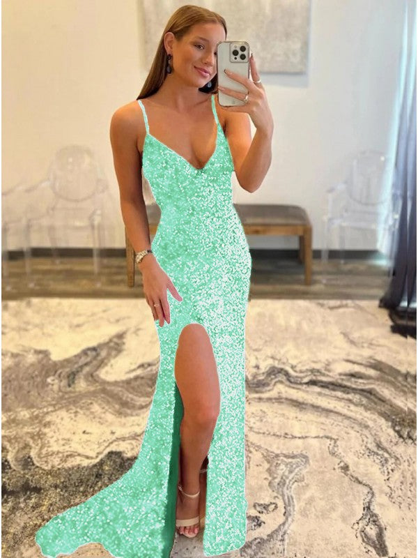 Sheath/Column Velvet Sequins V-neck Sleeveless Sweep/Brush Train Prom Dress