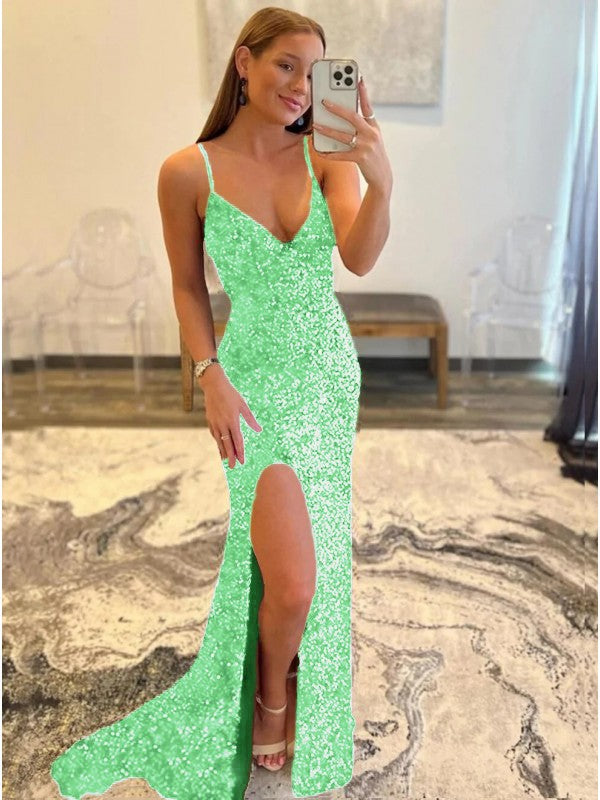 Sheath/Column Velvet Sequins V-neck Sleeveless Sweep/Brush Train Prom Dress
