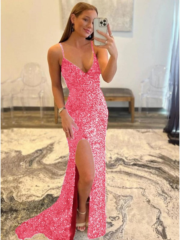 Sheath/Column Velvet Sequins V-neck Sleeveless Sweep/Brush Train Prom Dress