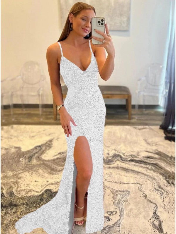 Sheath/Column Velvet Sequins V-neck Sleeveless Sweep/Brush Train Prom Dress