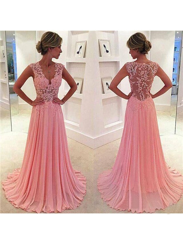 A-Line Chiffon V-neck Sleeveless Sweep/Brush Train With Lace Prom Dress